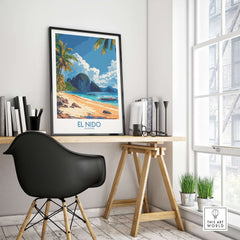 El Nido Wall Art Print Philippines displayed in a modern workspace, showcasing stunning beach scenery.