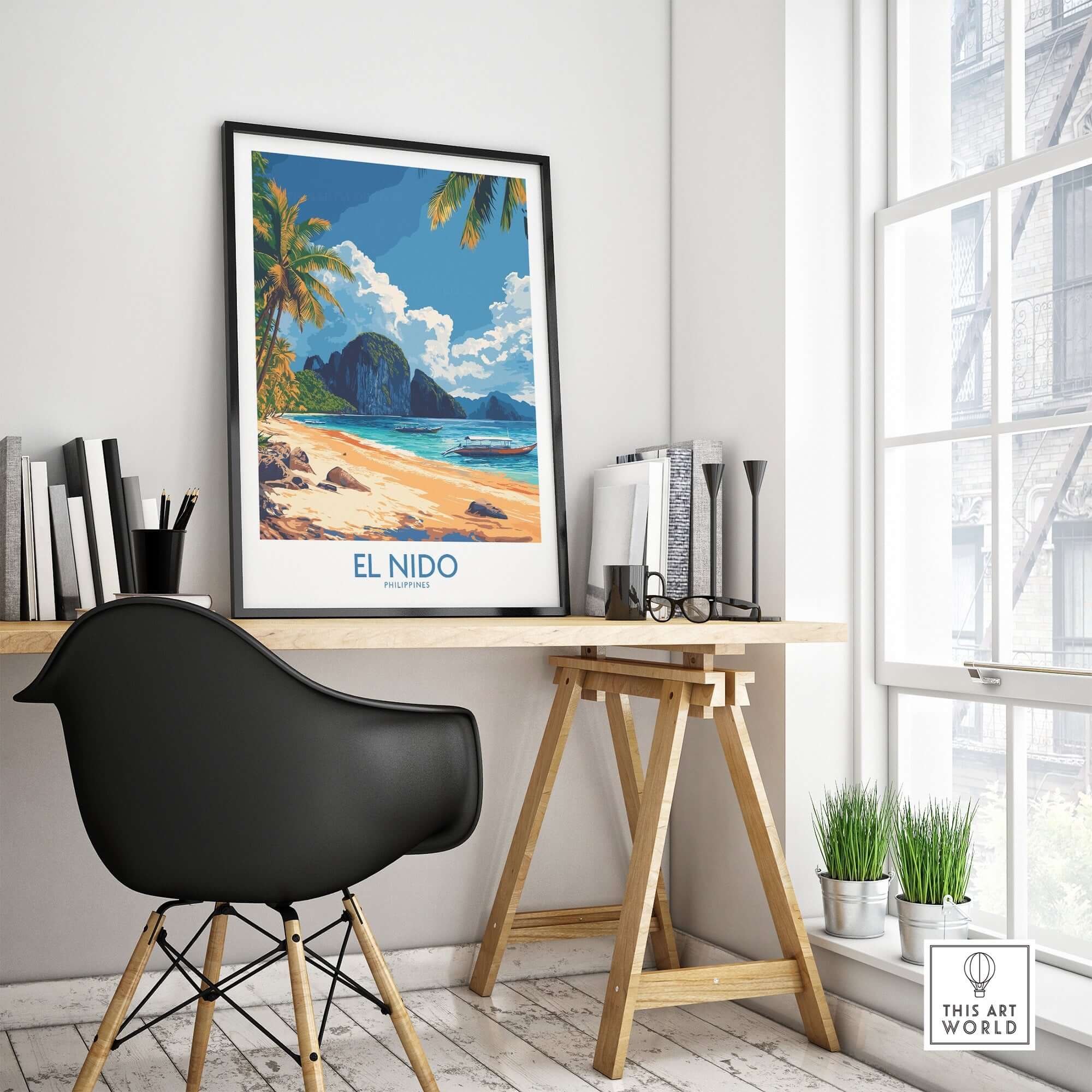 El Nido Wall Art Print Philippines displayed in a modern workspace, showcasing stunning beach scenery.