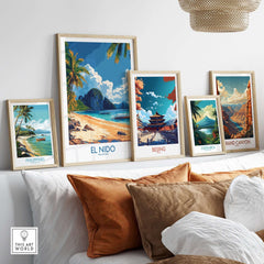 El Nido Wall Art Print Philippines showcased among other travel-themed art prints on a cozy couch.