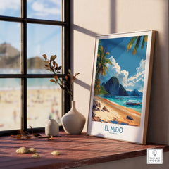 El Nido Wall Art Print Philippines displayed in a cozy interior, featuring tropical beach scenery and vibrant colors.