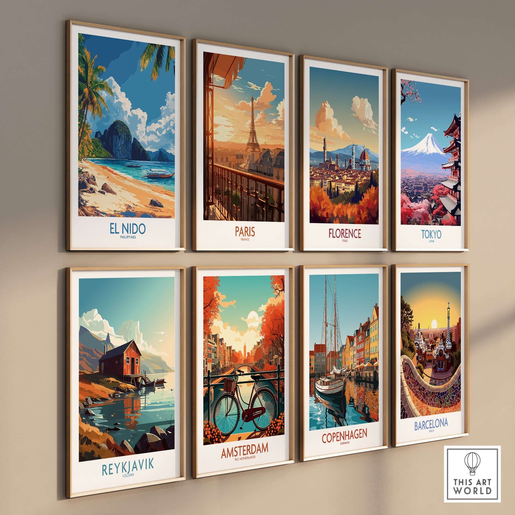 El Nido Wall Art Print Philippines displayed on a wall among other city prints, showcasing beautiful destinations.