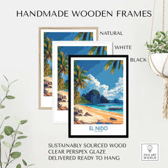 El Nido Wall Art Print Philippines displayed in handmade wooden frames in natural, white, and black colors.