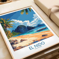 El Nido Wall Art Print Philippines featuring a picturesque beach scene with vibrant colors and lush palm trees.