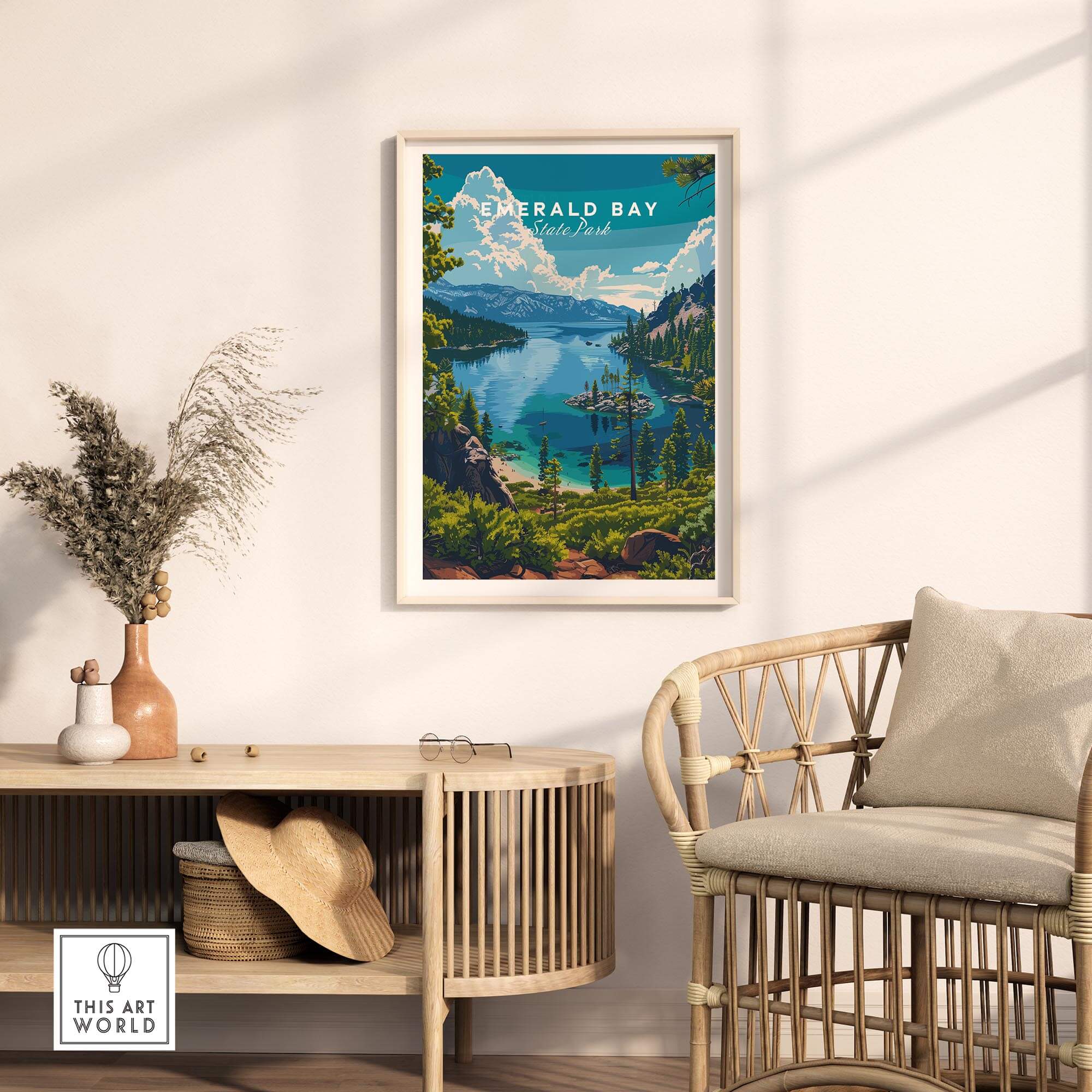 Emerald Bay Poster - State Park showcasing Lake Tahoe scenery in a cozy living room setting.