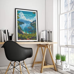 Emerald Bay Poster - State Park displayed in a modern workspace with scenic Lake Tahoe view.