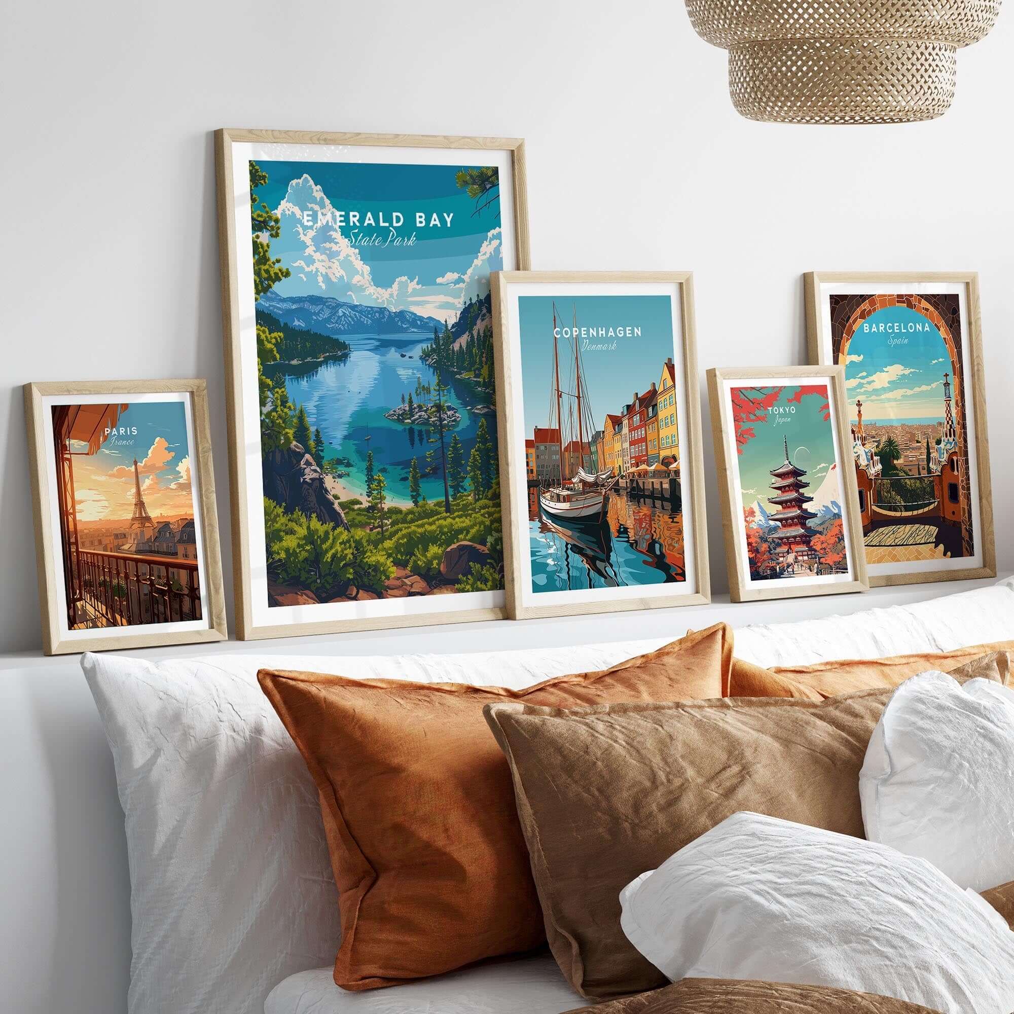 Emerald Bay Poster - State Park displayed among other travel posters in a stylish room setting.