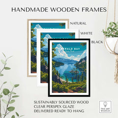 Emerald Bay Poster - State Park framed in handmade wooden frames, showcasing natural, white, and black finishes.