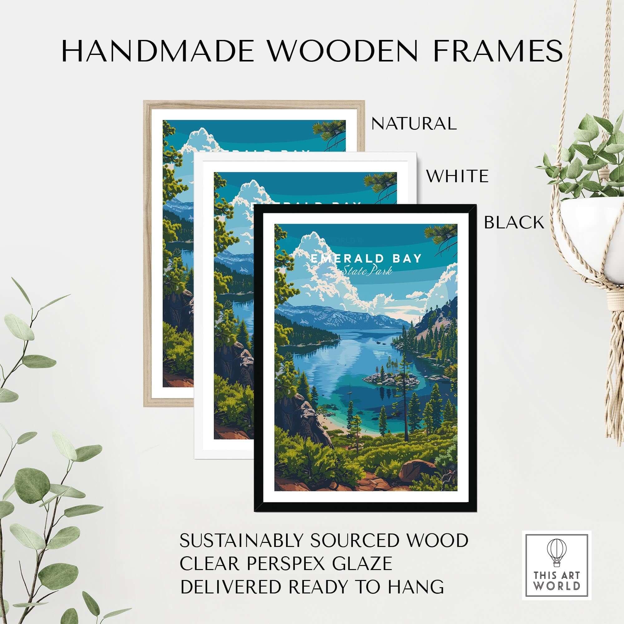Emerald Bay Poster - State Park framed in handmade wooden frames, showcasing natural, white, and black finishes.