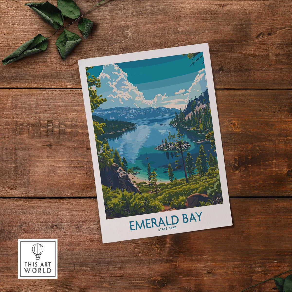 Emerald Bay Wall Art Print - State Park displayed on wooden surface, showcasing California's stunning nature.