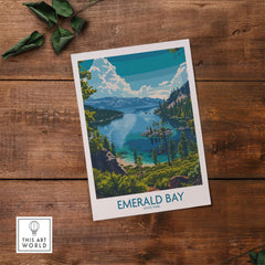 Emerald Bay Wall Art Print - State Park displayed on wooden surface, showcasing California's stunning nature.
