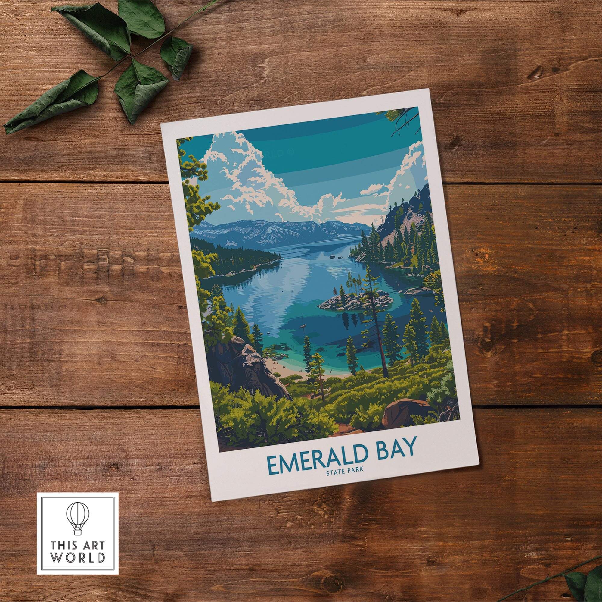 Emerald Bay Wall Art Print - State Park displayed on wooden surface, showcasing California's stunning nature.