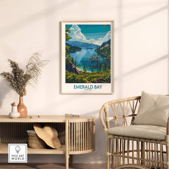 Emerald Bay Wall Art Print - State Park showcased in a stylish living room setting with natural decor.