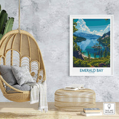 Emerald Bay Wall Art Print - State Park displayed in a modern living room decor with hanging chair and cozy furnishings.