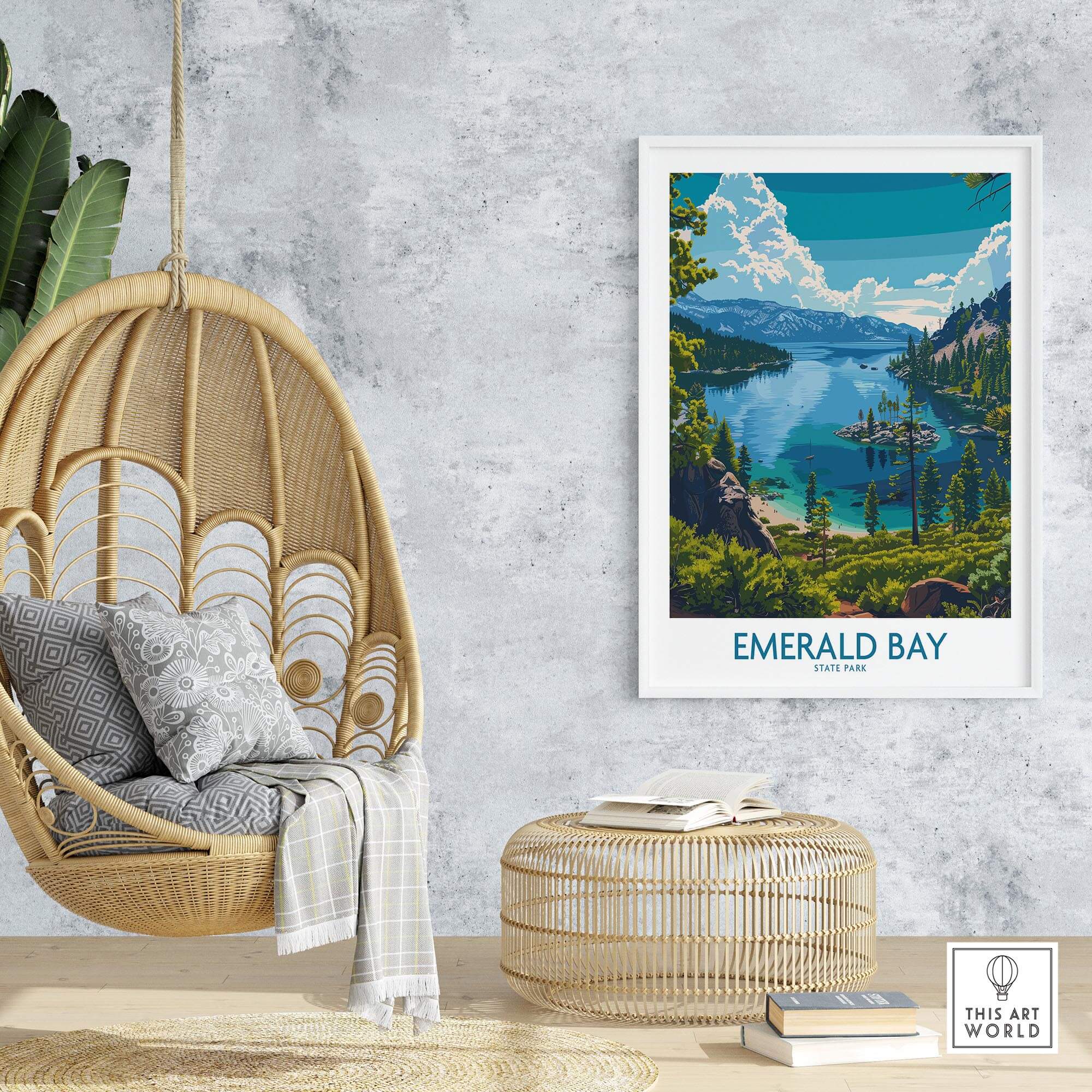 Emerald Bay Wall Art Print - State Park displayed in a modern living room decor with hanging chair and cozy furnishings.
