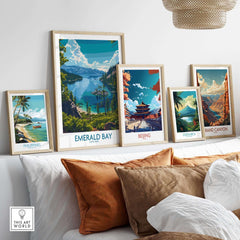 Emerald Bay Wall Art Print - State Park displayed among various travel-themed art prints on a stylish shelf.