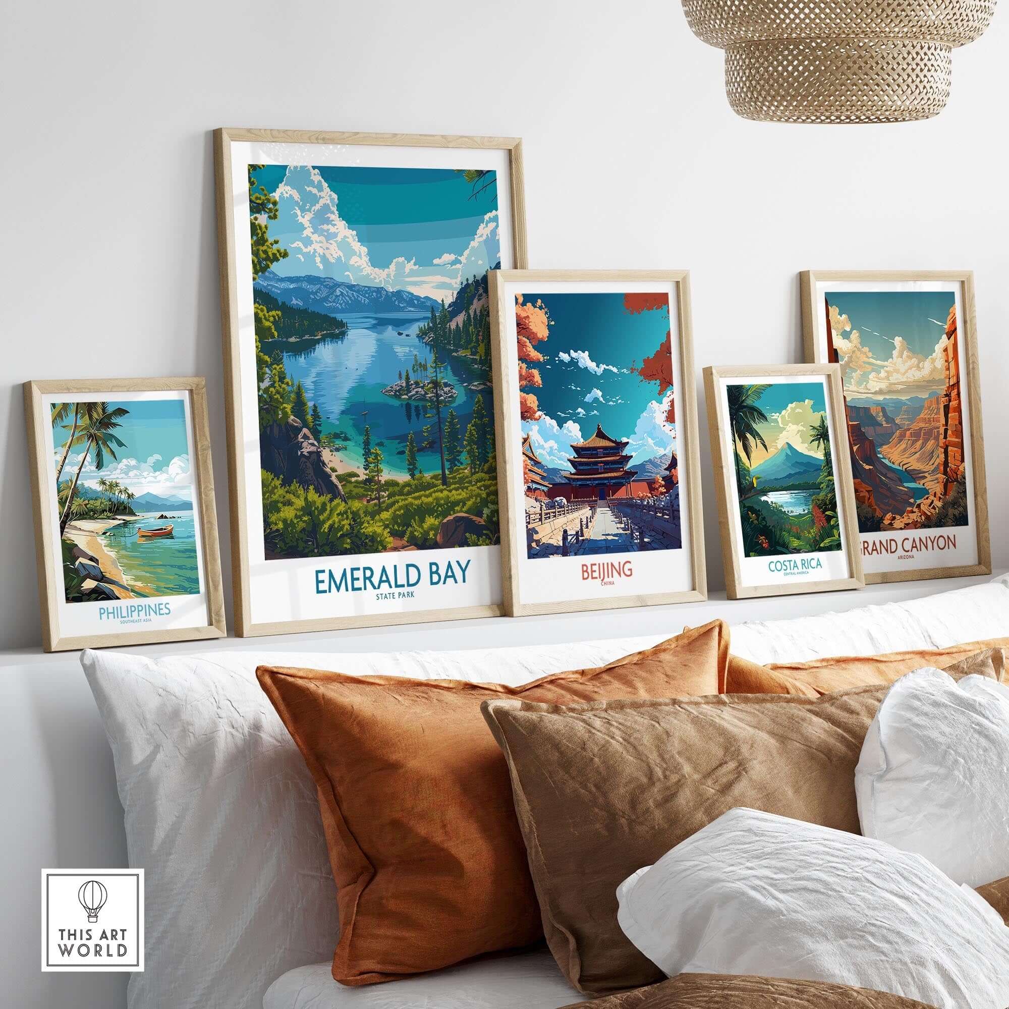 Emerald Bay Wall Art Print - State Park displayed among various travel-themed art prints on a stylish shelf.