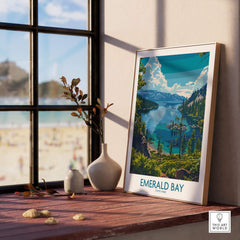 Emerald Bay Wall Art Print - State Park displayed on a windowsill with a scenic view in the background.