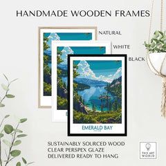 Emerald Bay Wall Art Print - State Park displayed in handmade wooden frames, natural, white, and black options.