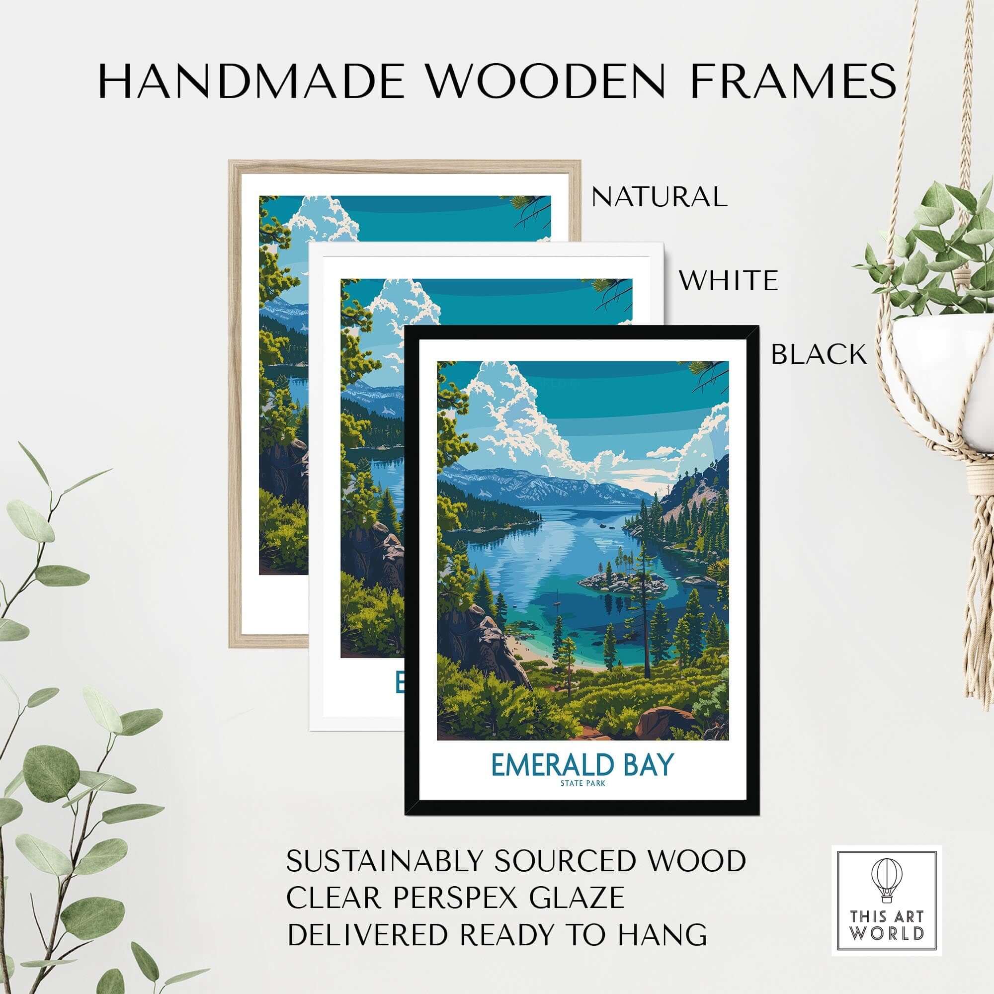 Emerald Bay Wall Art Print - State Park displayed in handmade wooden frames, natural, white, and black options.