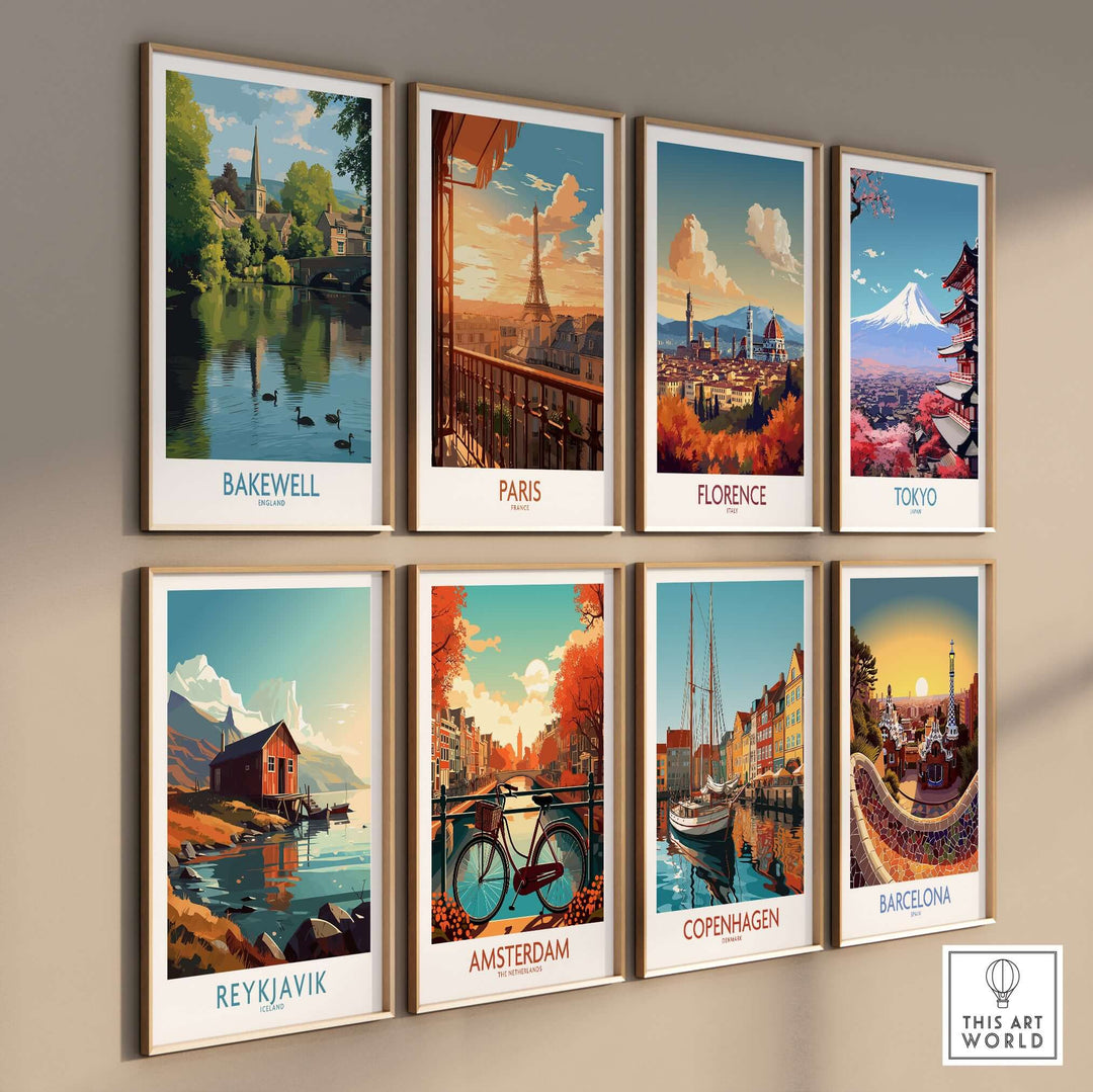 Gallery of travel posters featuring cities like Bakewell, Paris, Florence, and Tokyo in vibrant designs.