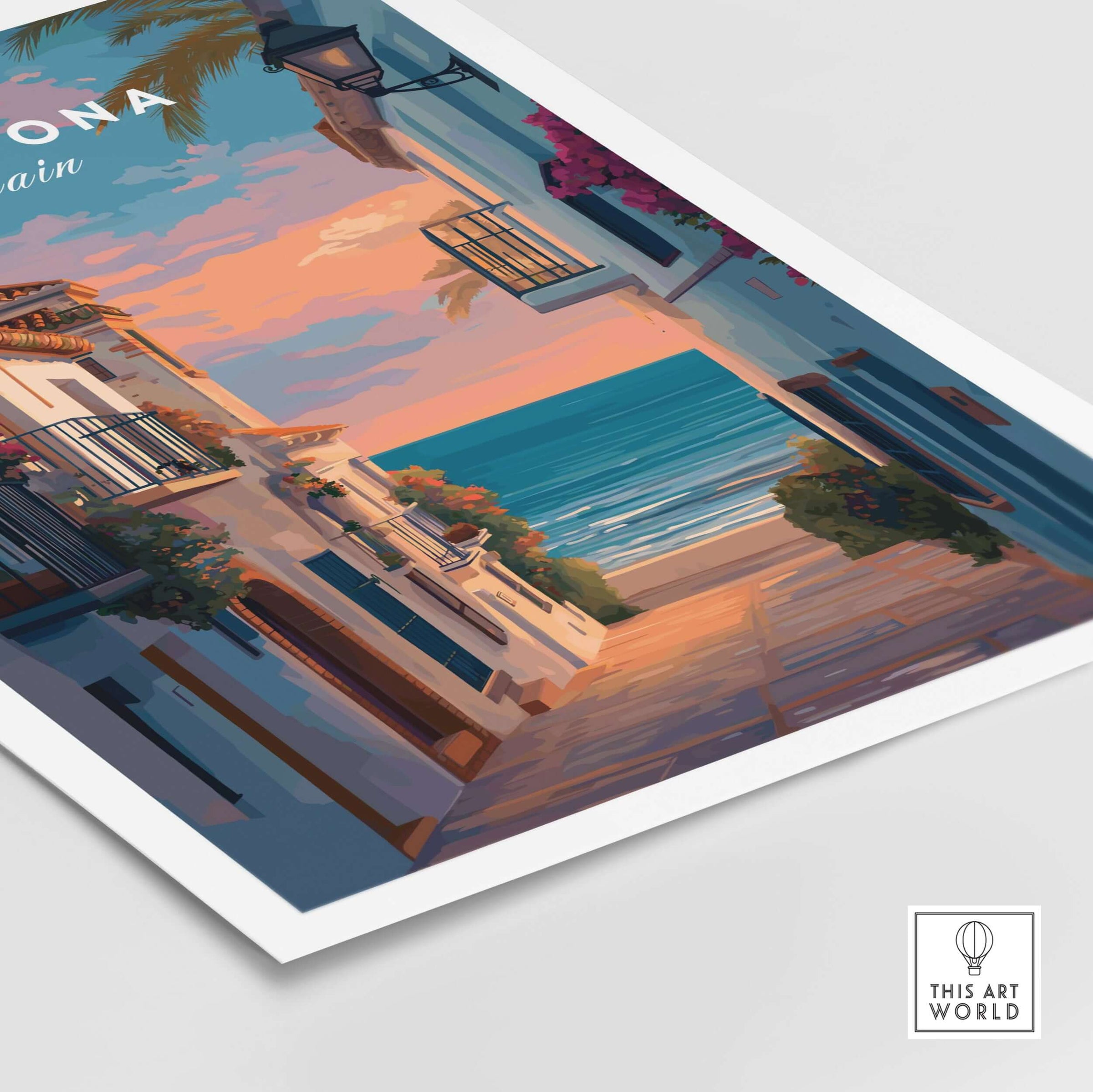 Estepona Balcony View Beach Print | Andalusian Home Decor showcasing a charming coastal street scene with a serene beach.