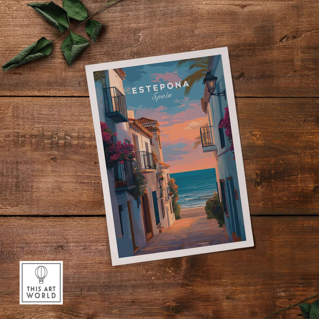 Estepona Balcony View Beach Print | Andalusian Home Decor showcasing a coastal scene at sunset.