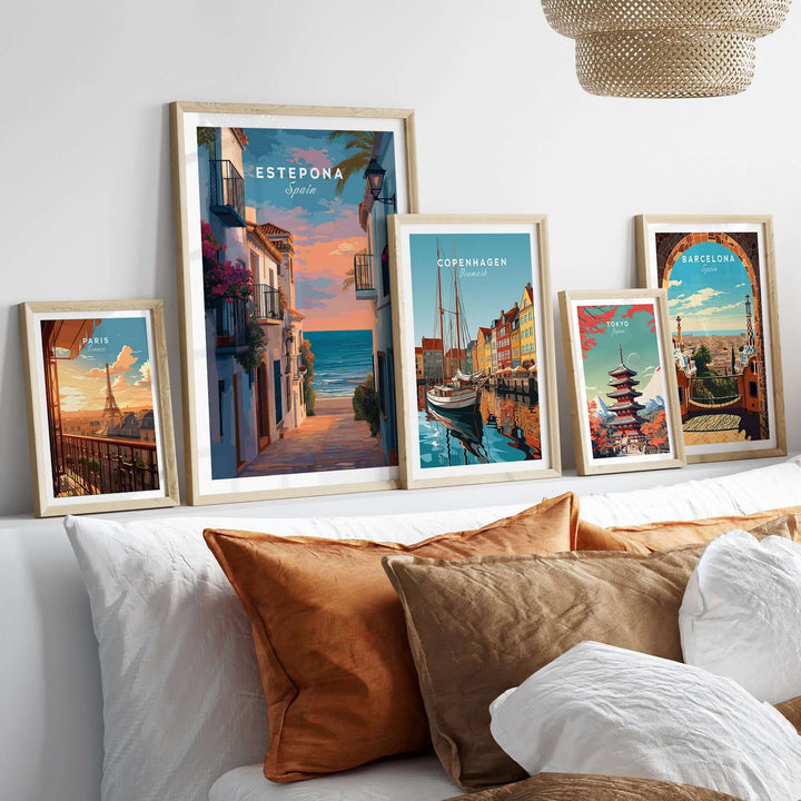 Estepona Balcony View Beach Print | Andalusian Home Decor displayed in a stylish interior setting on a sofa.