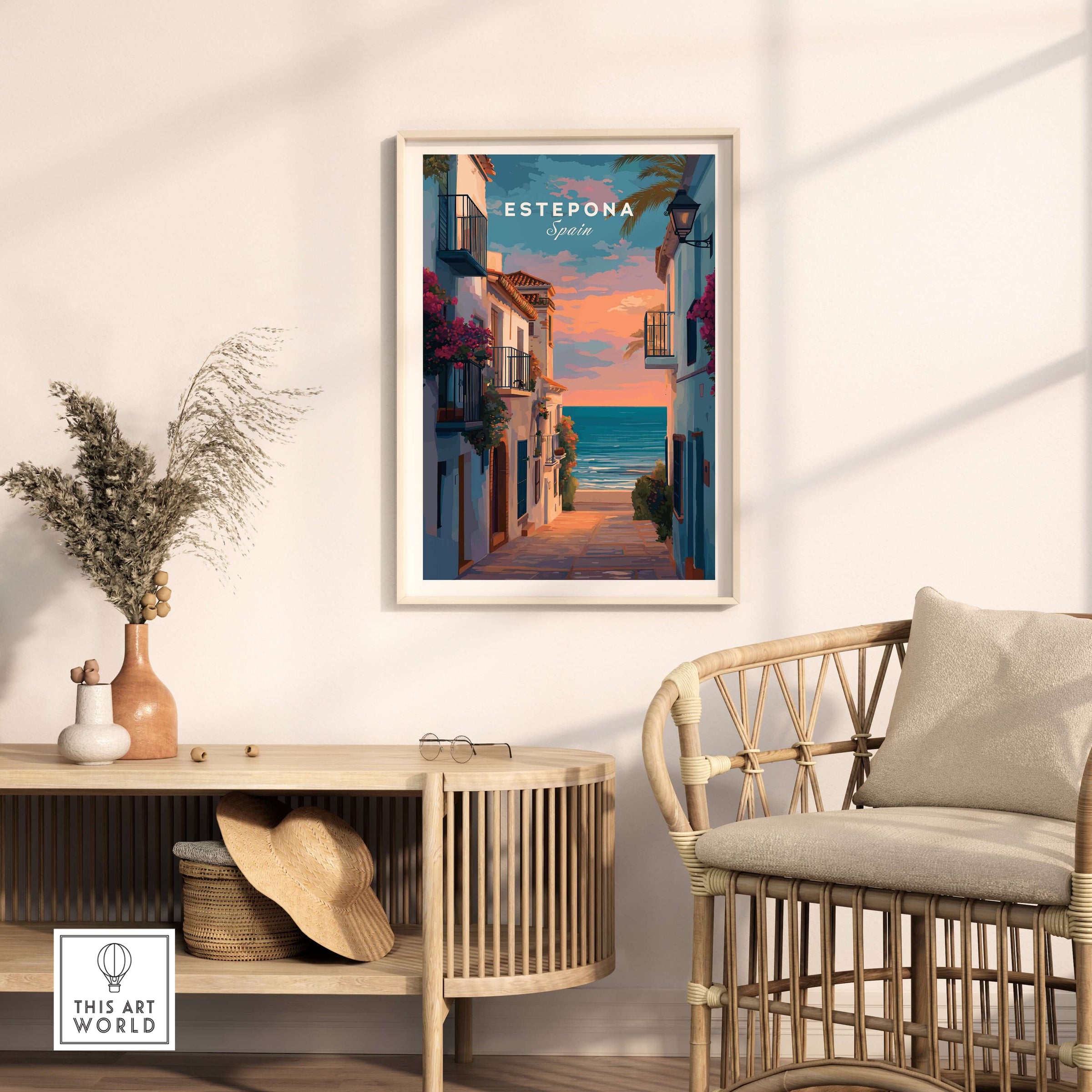 Estepona Balcony View Beach Print | Andalusian Home Decor framed in a bright room with coastal decor accents.