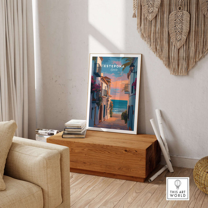 Estepona Balcony View Beach Print | Andalusian Home Decor displayed in a cozy interior setting.