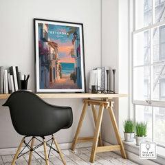 Estepona Balcony View Beach Print | Andalusian Home Decor in a stylish interior with a modern chair and artwork.