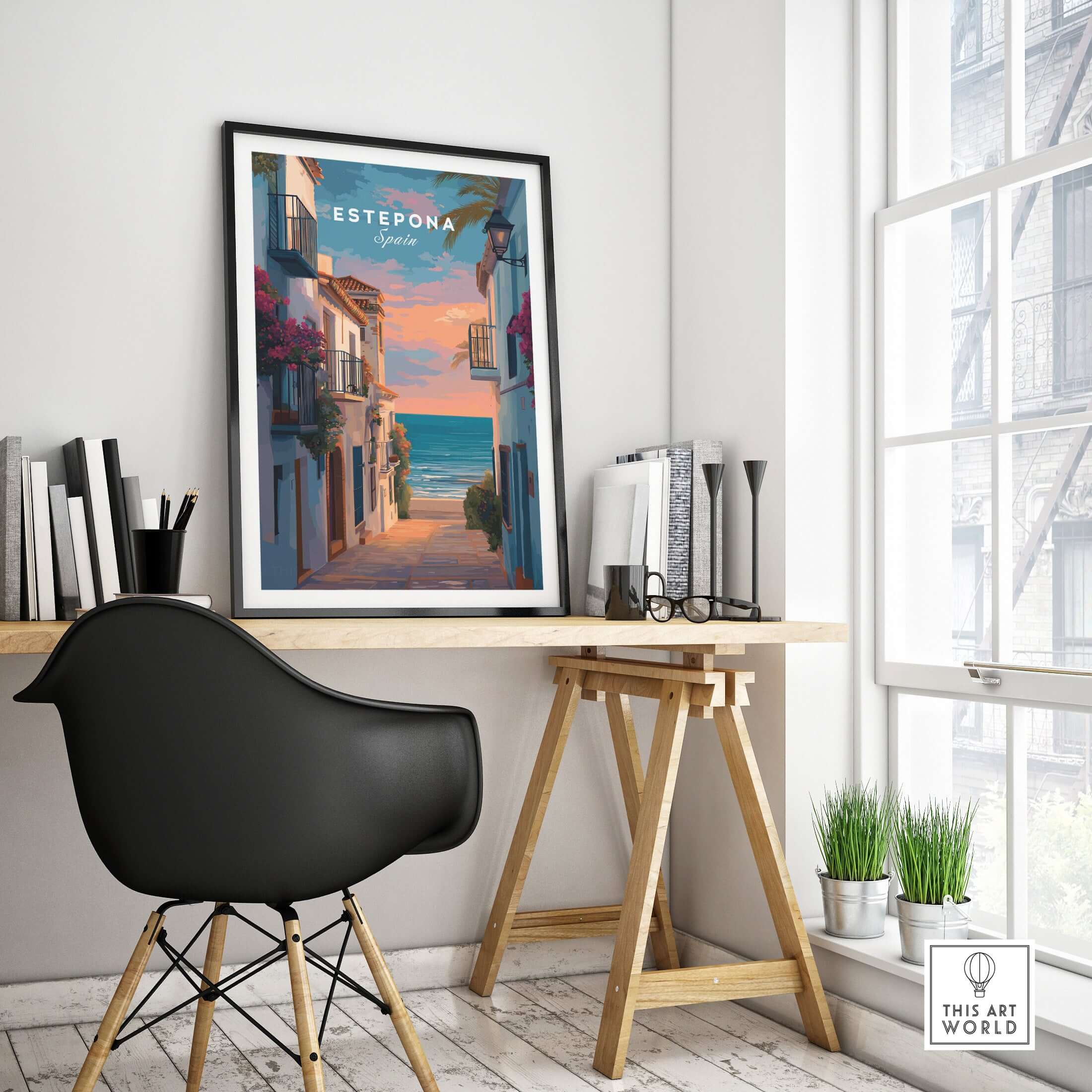 Estepona Balcony View Beach Print | Andalusian Home Decor in a stylish interior with a modern chair and artwork.