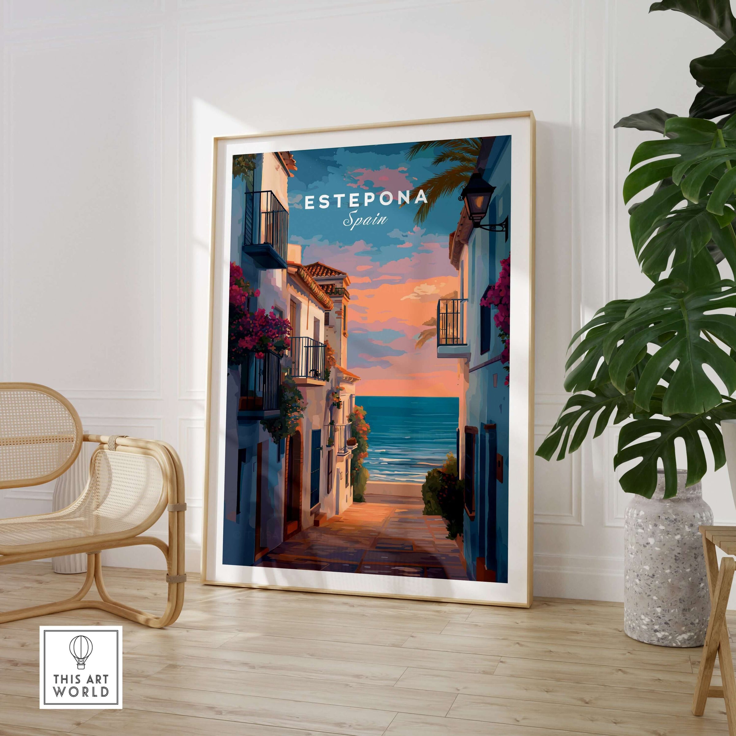 Estepona Balcony View Beach Print | Andalusian Home Decor in a stylish interior with a coastal scene.