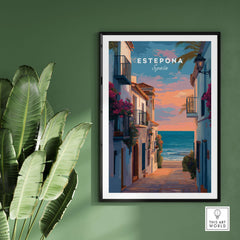 Estepona Balcony View Beach Print | Andalusian Home Decor framed art of Estepona, Spain, with coastal sunset scene.