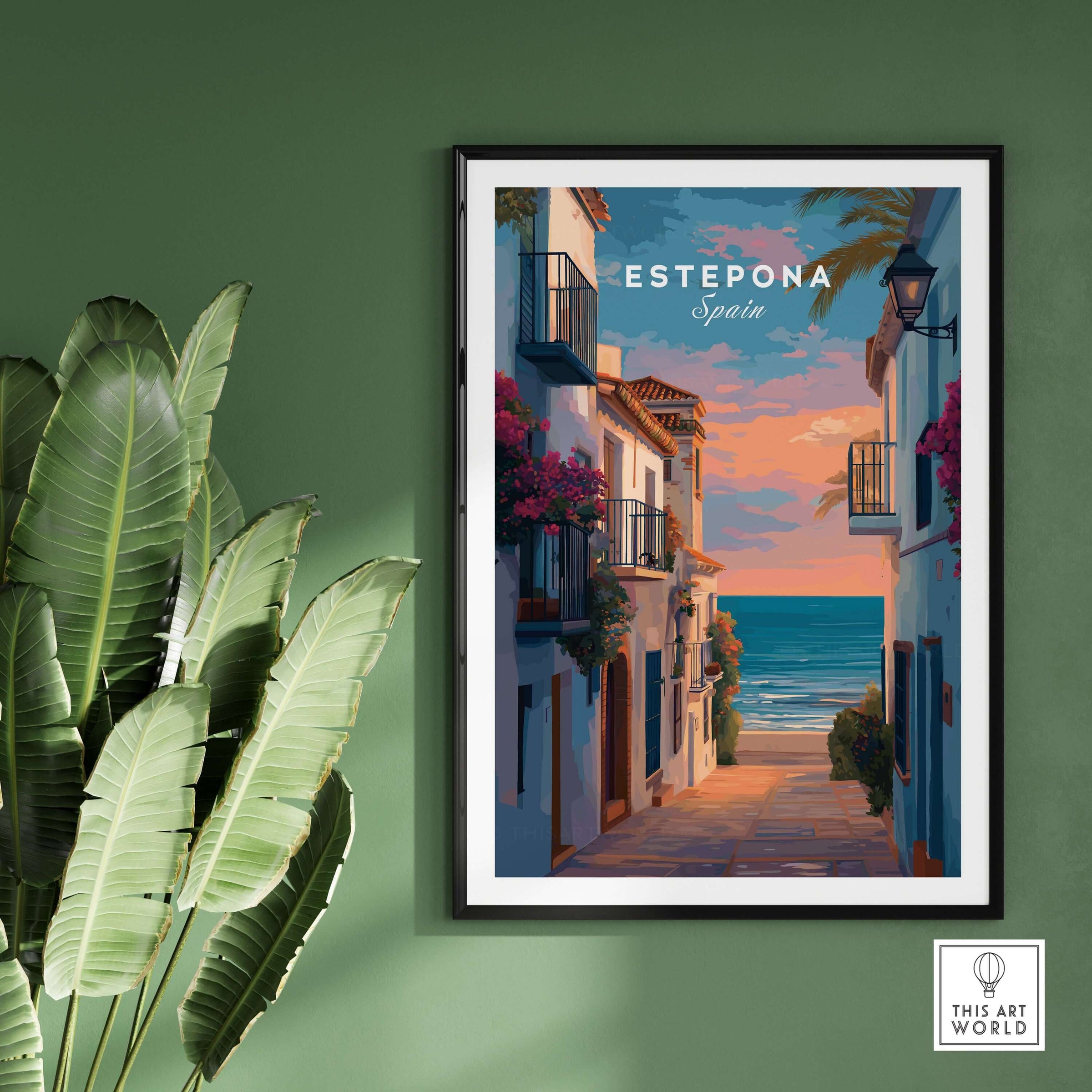 Estepona Balcony View Beach Print | Andalusian Home Decor framed art of Estepona, Spain, with coastal sunset scene.
