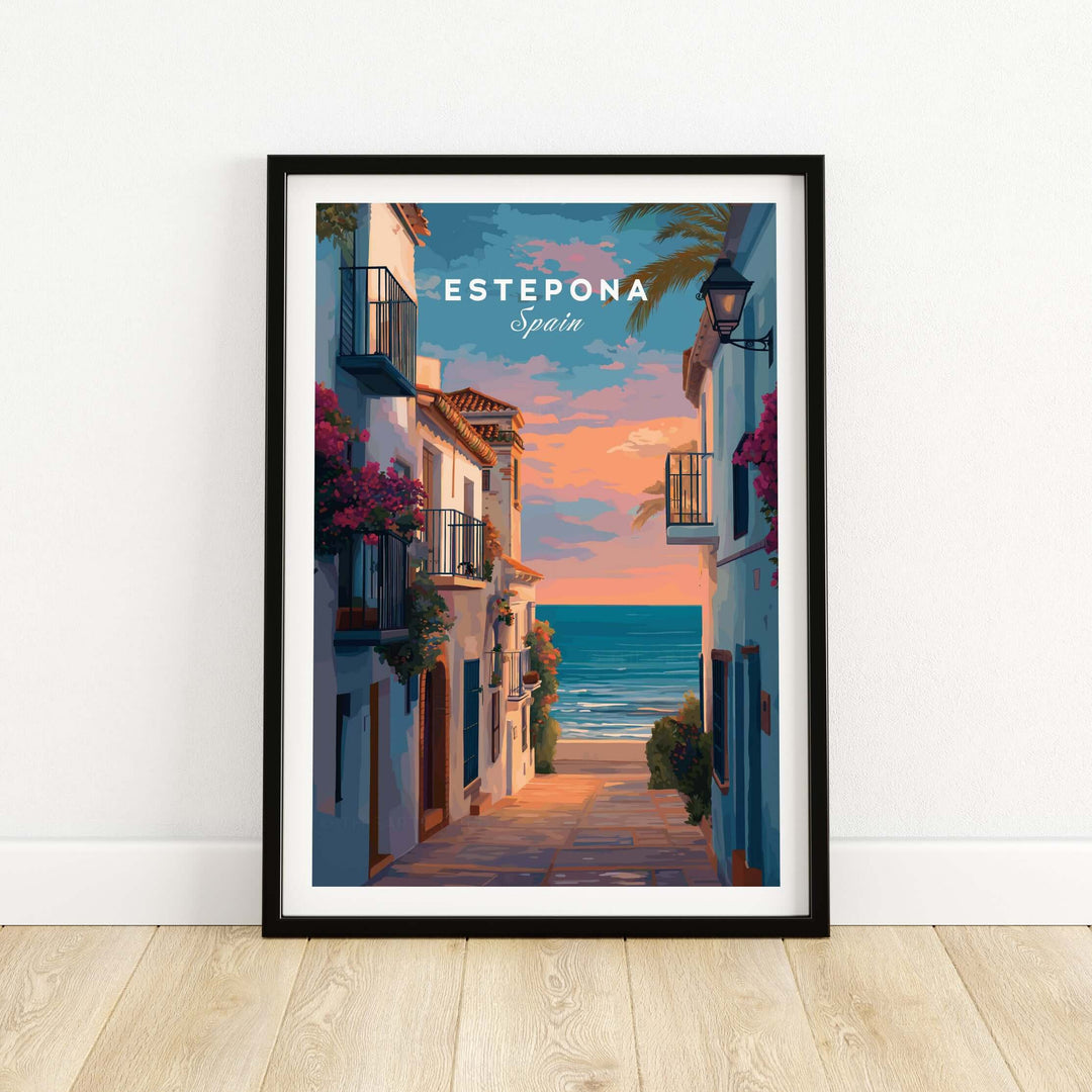 Estepona Balcony View Beach Print | Andalusian Home Decor showcasing a vibrant coastal scene with charming architecture.