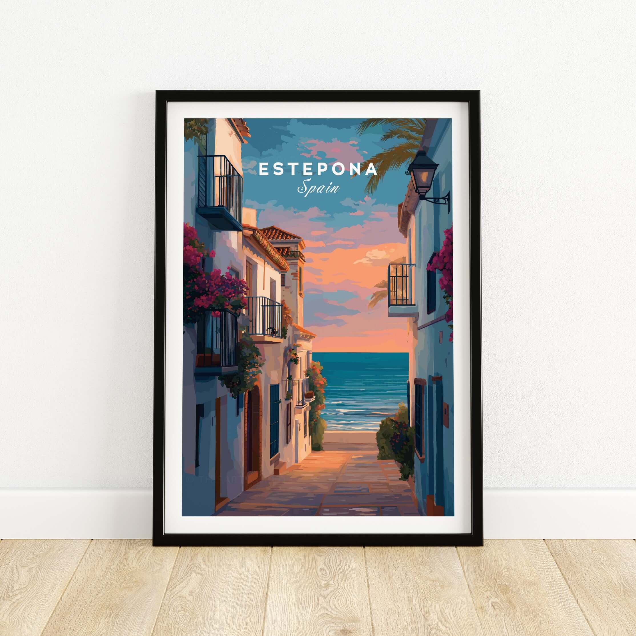 Estepona Balcony View Beach Print | Andalusian Home Decor showcasing a vibrant street scene in Spain.