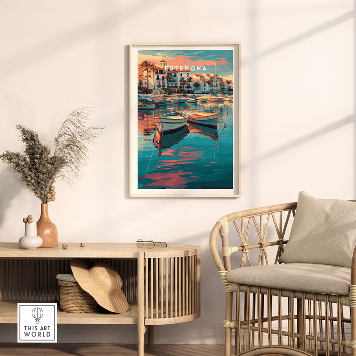 Estepona Boats Harbour Reflection Print | Mediterranean Wall Decor showcasing colorful boats by serene waters in a cozy room.
