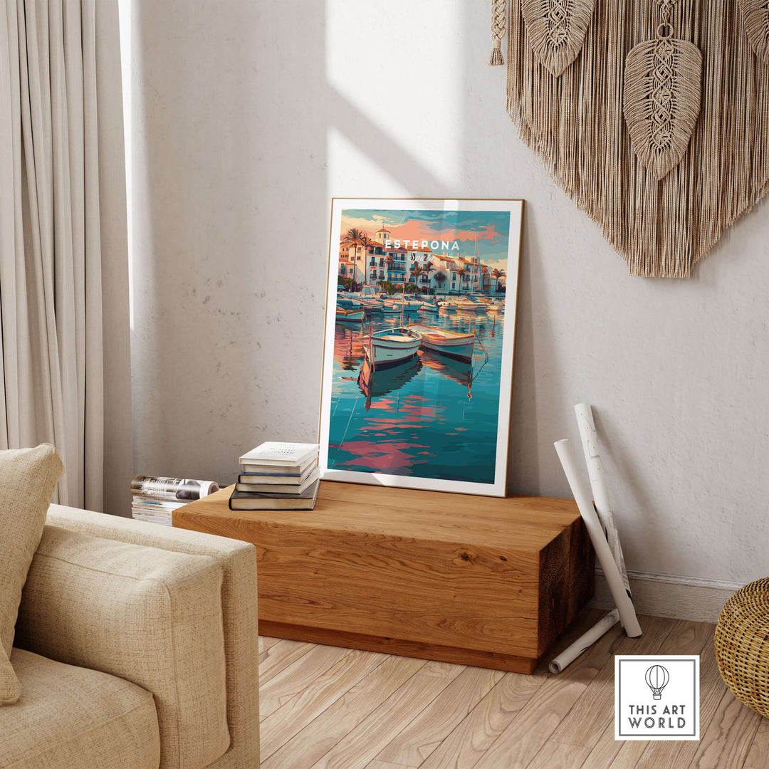 Estepona Boats Harbour Reflection Print | Mediterranean Wall Decor in a stylish room with cozy decor.