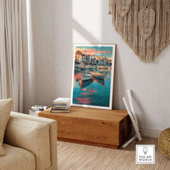 Estepona Boats Harbour Reflection Print | Mediterranean Wall Decor displayed in a cozy living room setting.