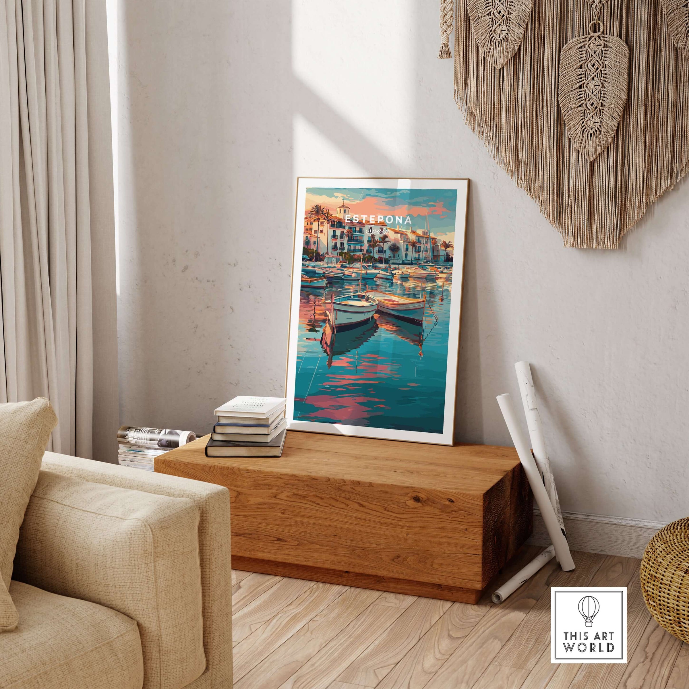 Estepona Boats Harbour Reflection Print | Mediterranean Wall Decor displayed in a cozy living room setting.