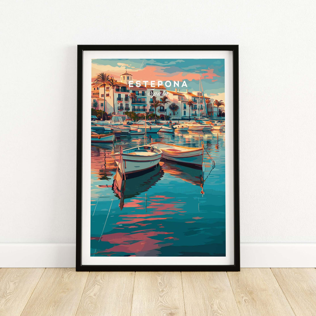 Estepona Boats Harbour Reflection Print | Mediterranean Wall Decor showcasing colorful boats and serene waters.