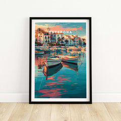 Estepona Boats Harbour Reflection Print | Mediterranean Wall Decor featuring vibrant boats in serene waters.