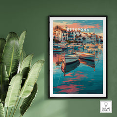 Estepona Boats Harbour Reflection Print | Mediterranean Wall Decor featuring colorful boats on serene waters.