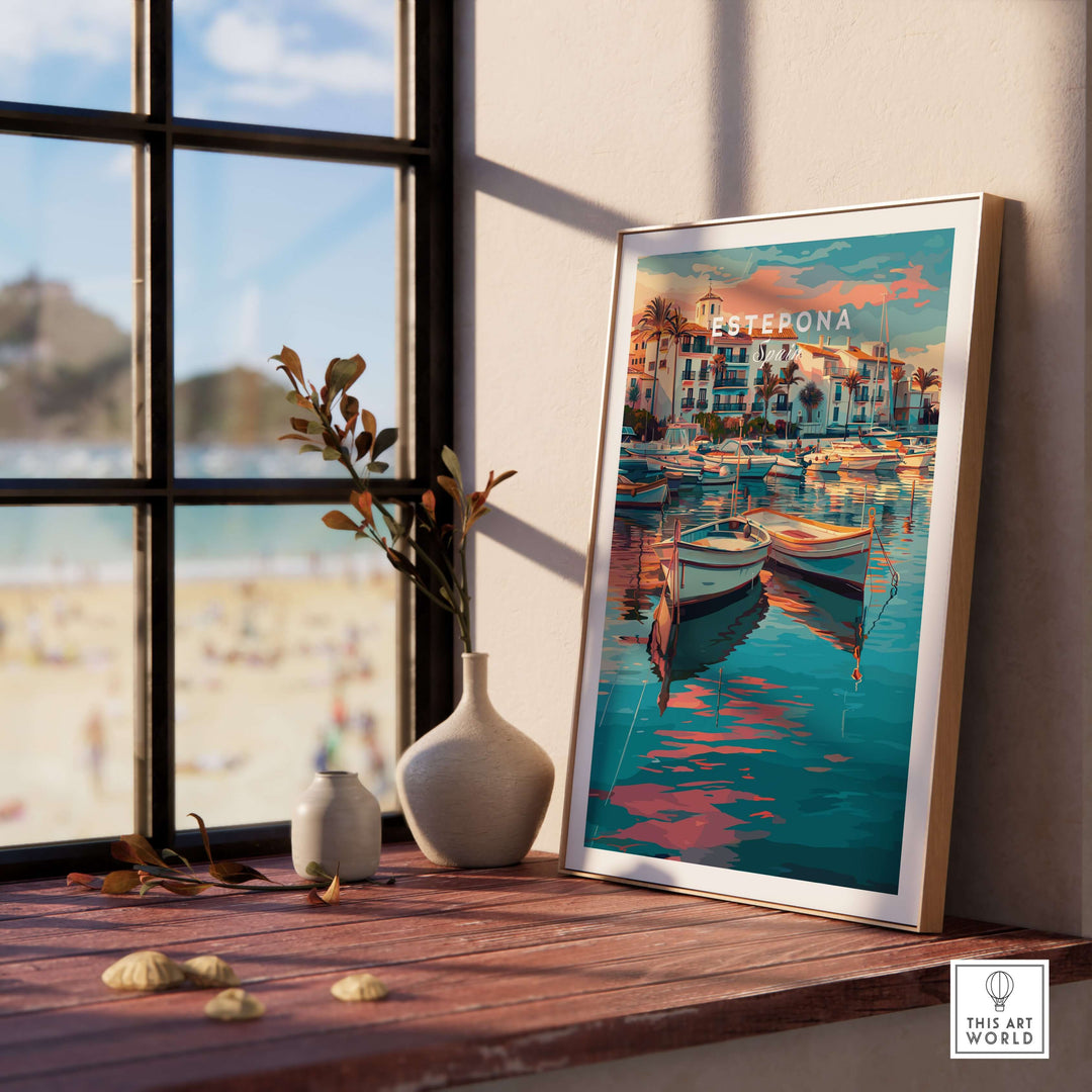 Estepona Boats Harbour Reflection Print | Mediterranean Wall Decor displayed in a sunny room beside a window.
