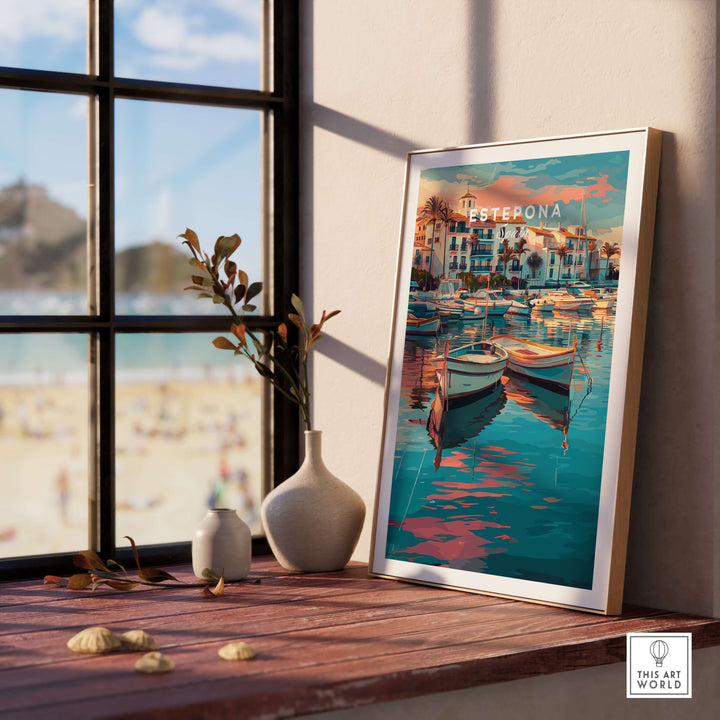 Estepona Boats Harbour Reflection Print | Mediterranean Wall Decor displayed in a sunny room beside a window.