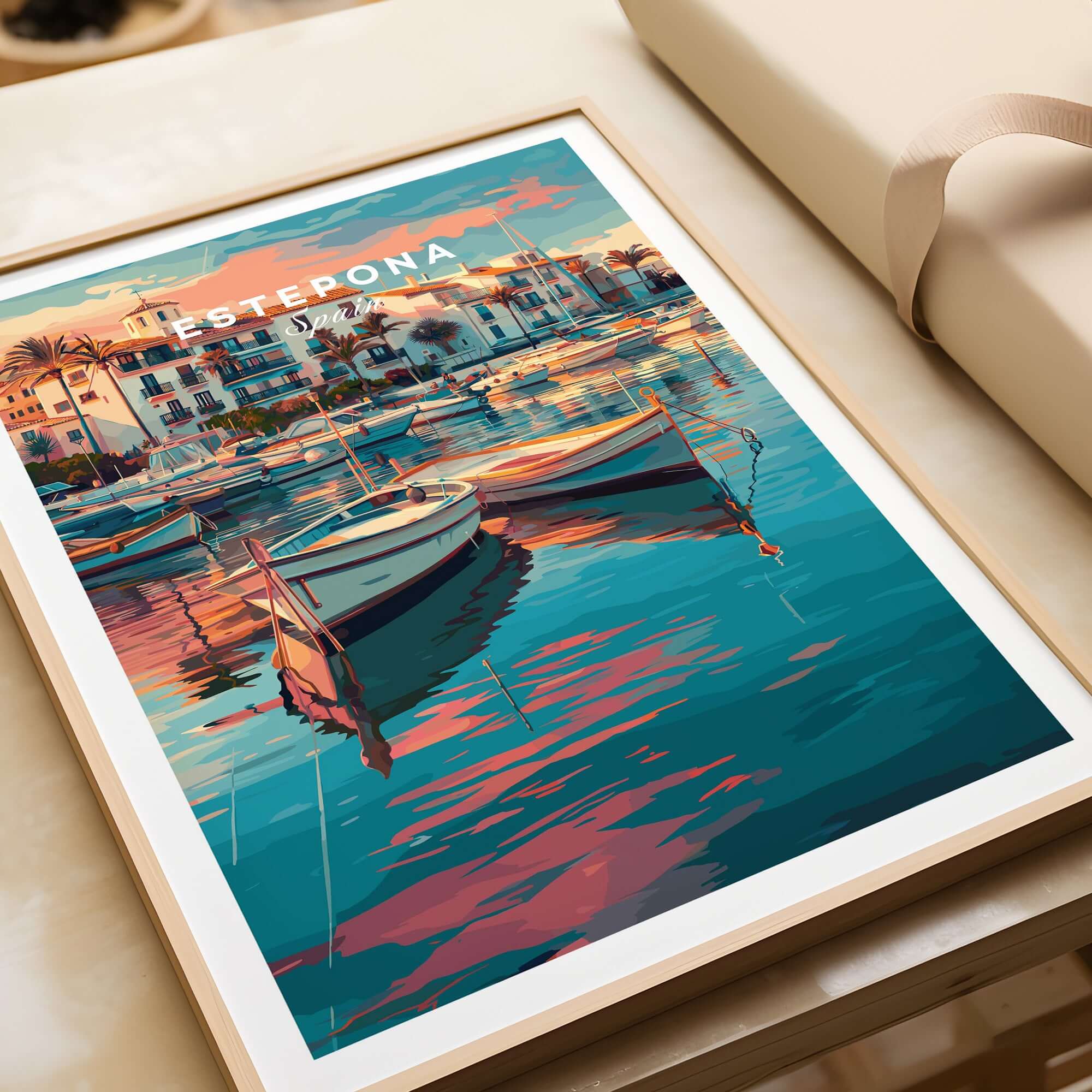 Estepona Boats Harbour Reflection Print | Mediterranean Wall Decor showcasing boats and vibrant reflections on water.