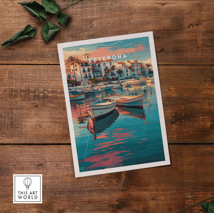 Estepona Boats Harbour Reflection Print | Mediterranean Wall Decor, featuring colorful boats and serene water reflections.