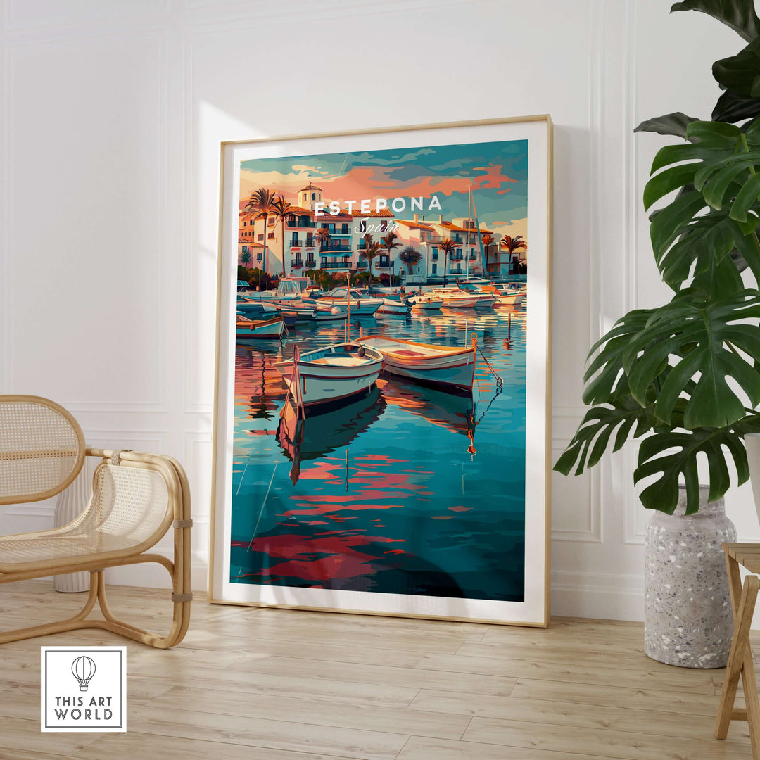 Estepona Boats Harbour Reflection Print | Mediterranean Wall Decor featuring colorful boats and serene waters in a stylish home.