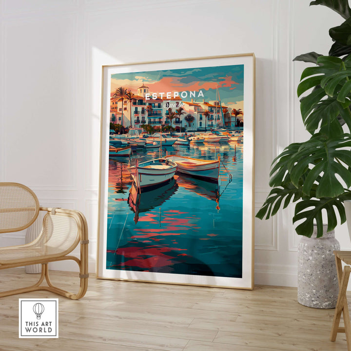 Estepona Boats Harbour Reflection Print | Mediterranean Wall Decor featuring colorful boats and serene waters in a stylish home.