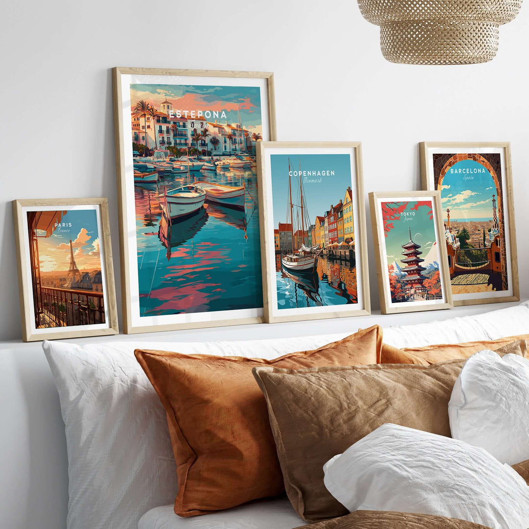 Estepona Boats Harbour Reflection Print | Mediterranean Wall Decor showcasing a vibrant coastal scene in stylish frames.
